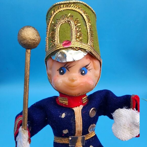 Vintage 1950s Elf Toy Soldier Ornament • Blue Red Green Felt with Velvet Gold Tr - Picture 3 of 10